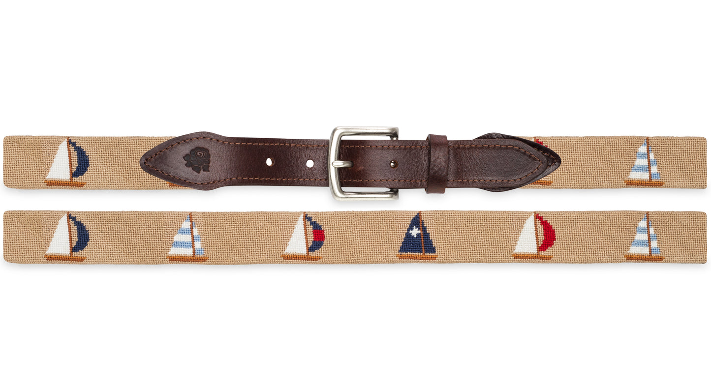 Sailboat Needlepoint Belt Navy and Tan backgrounds available