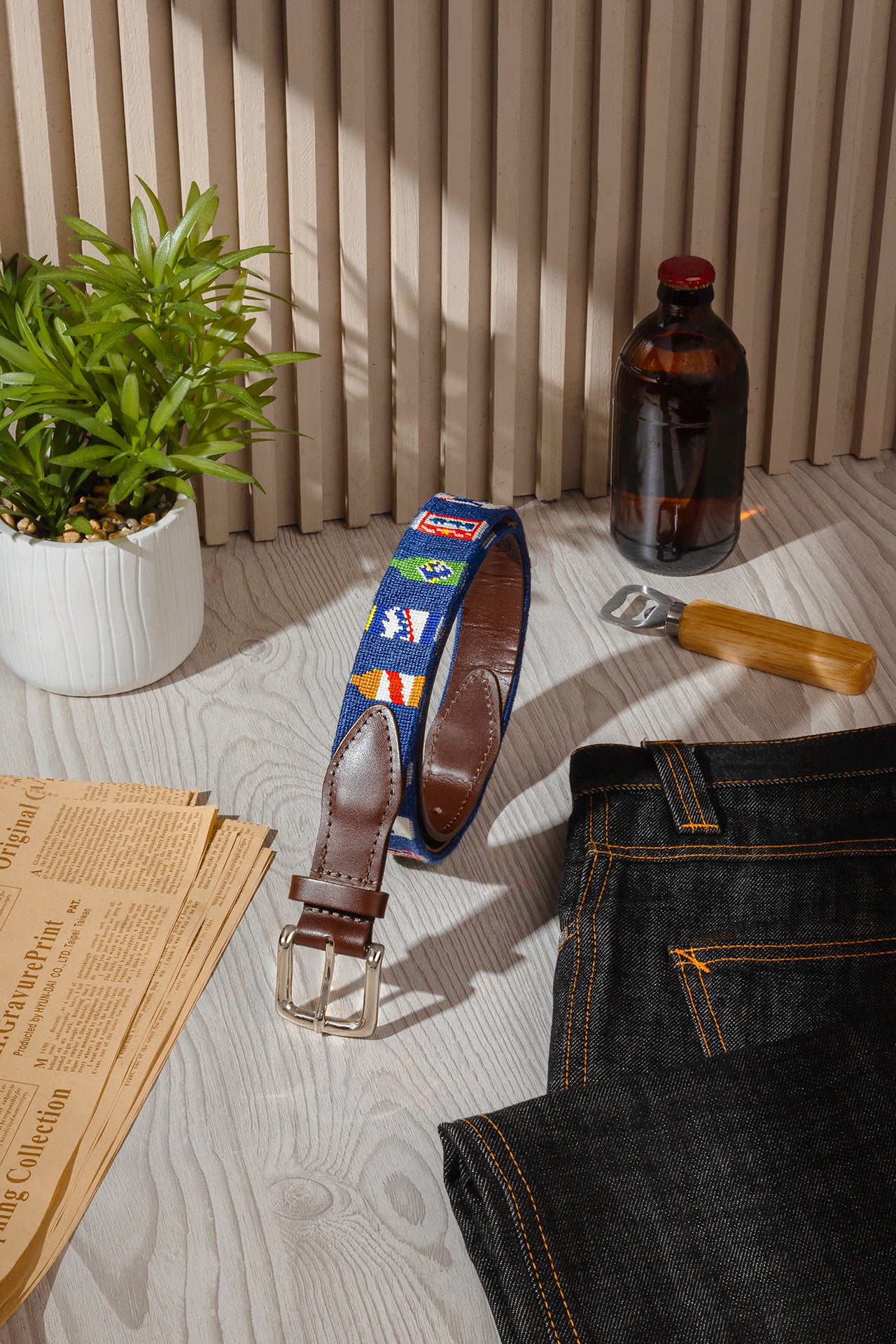 Beer Bottles Needlepoint Belt on Navy