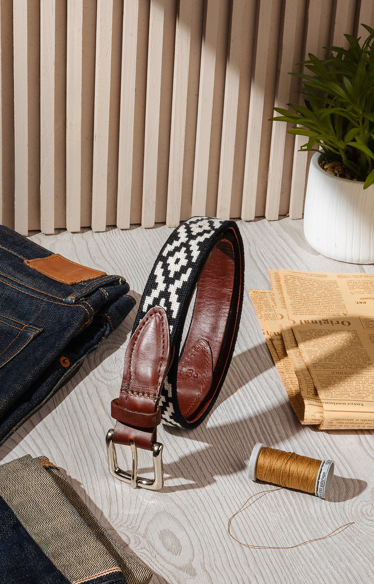 Black and White Aztec Needlepoint Belt