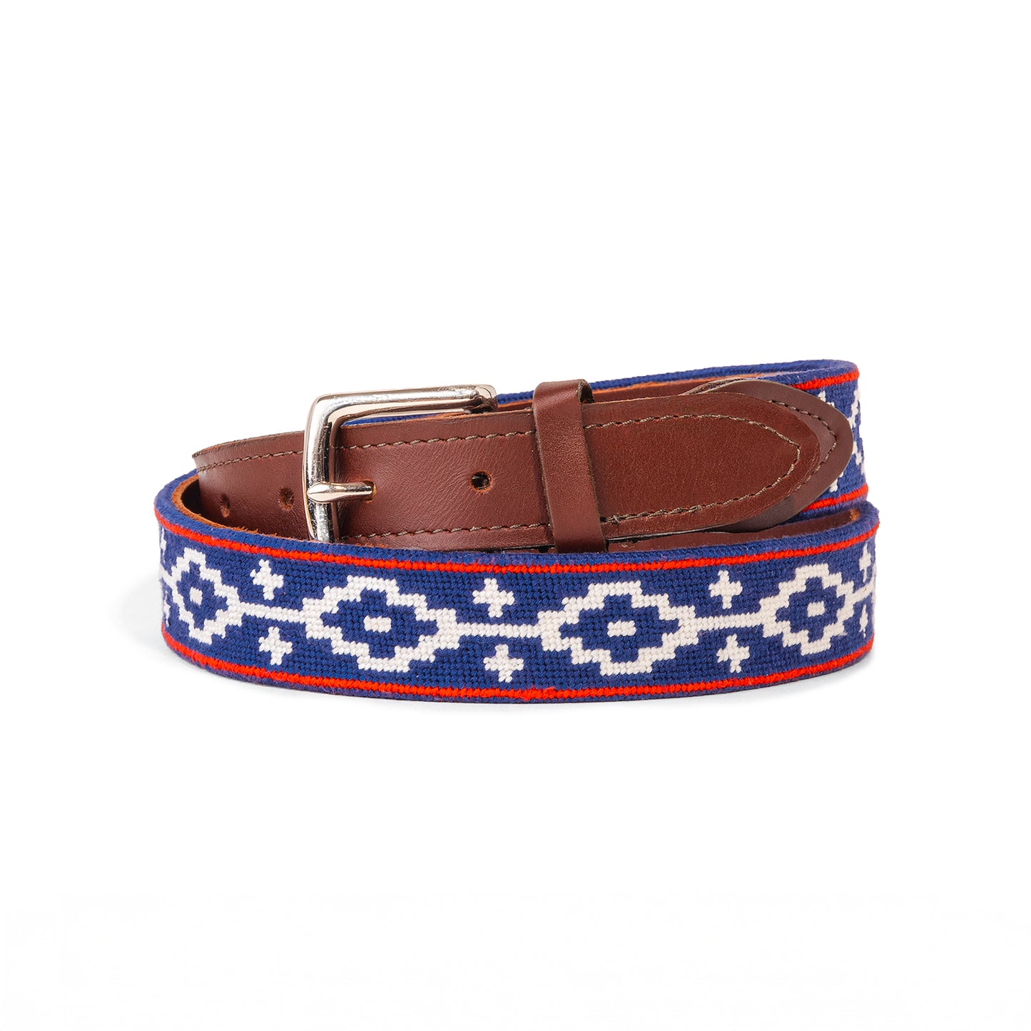 Navy Blue Lattice Needlepoint Belt with Crosses