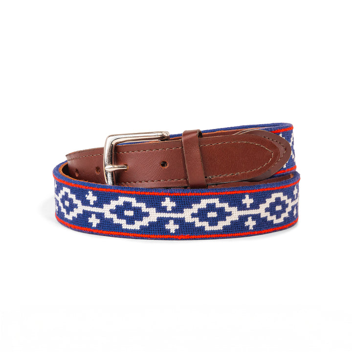 Navy Blue Lattice Needlepoint Belt with Crosses