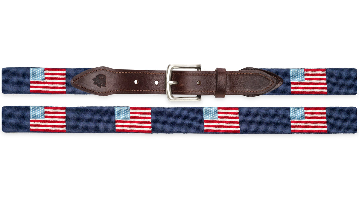 Colorful needlepoint belts with leather finishing