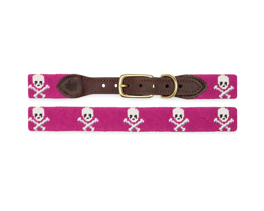 Skull And Crossbones Needlepoint Dog Collar (Fuchsia)