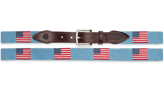 American Flag Needlepoint Belt in Light Blue